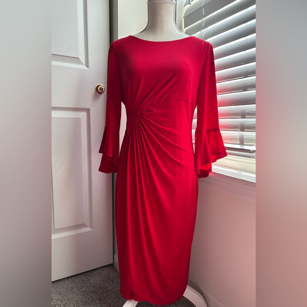 Connected Apparel Crimson Rusched 3/4 Ruffles Sleeve Midi Dress